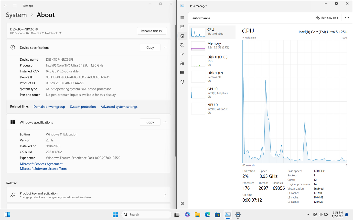 HP ProBook 460 G11 16" Core Ultra 5 125U 1.3GHz to 4.3GHz 16GB RAM 250GB SSD