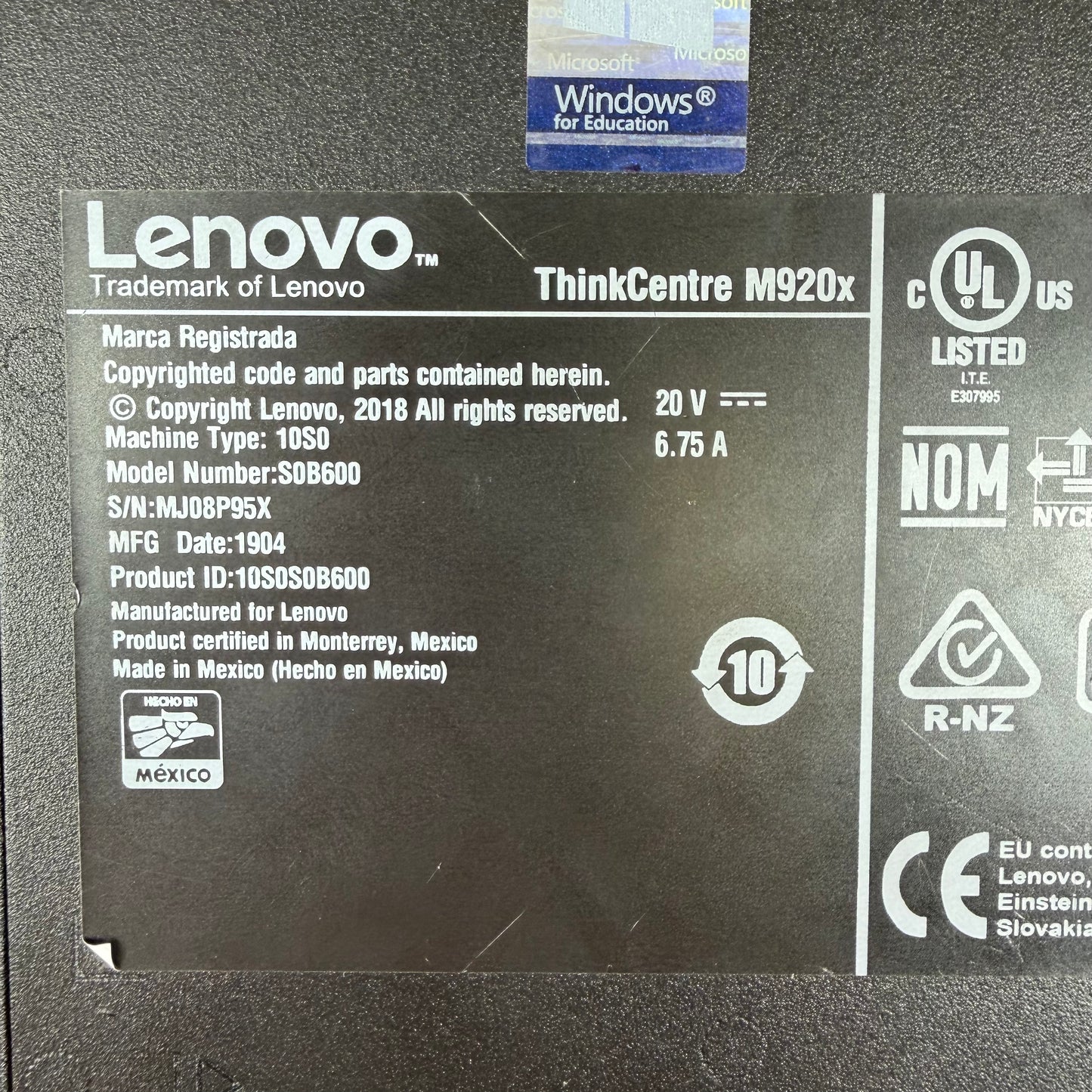 Lenovo ThinkCentre M920x S0B600 Core i7-8700T 8GB RAM 512GB SSD RX 650