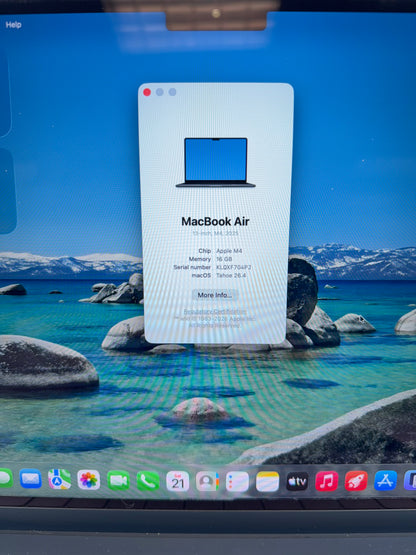 2025 Apple MacBook Air 13" M4 8C GPU 4.5GHz 16GB RAM 256GB SSD MW123LL/A